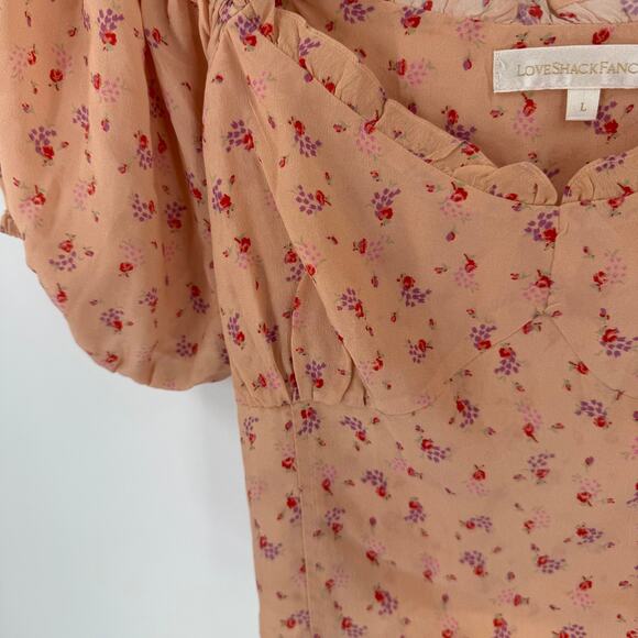 LoveShackFancy 100% Silk Floral Puff Sleeve Crop Top Size L Peasant Blouse - Picture 4 of 9
